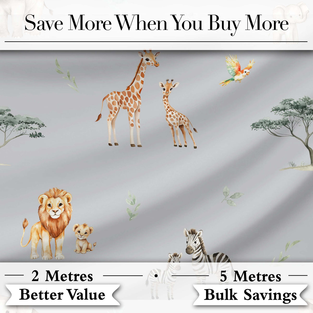 Cute Safari Animals Giraffe Lion Zebra on Grey Background Seamless Pattern Digital Print Fabric by the Metre UK Sewing Quilting Textile
