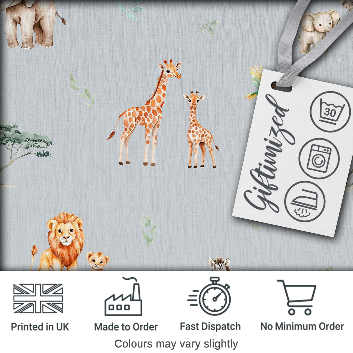 Cute Safari Animals Giraffe Lion Zebra on Grey Background Seamless Pattern Digital Print Fabric by the Metre UK Sewing Quilting Textile