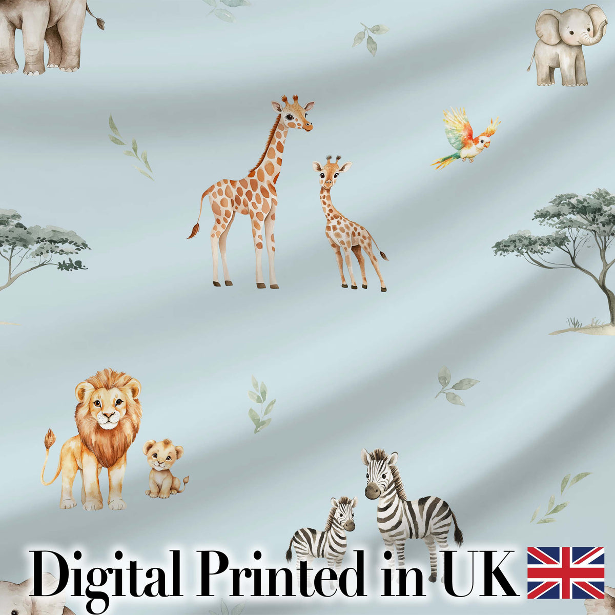 Cute Safari Animals Giraffe Lion Zebra on Blue Background Seamless Pattern Digital Print Fabric by the Metre UK Sewing Quilting Textile