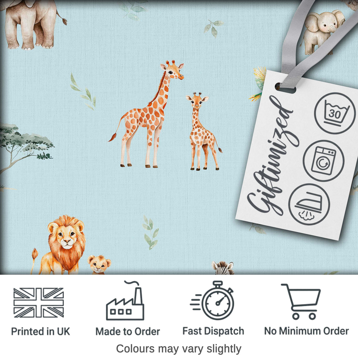 Cute Safari Animals Giraffe Lion Zebra on Blue Background Seamless Pattern Digital Print Fabric by the Metre UK Sewing Quilting Textile