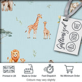 Cute Safari Animals Giraffe Lion Zebra on Blue Background Seamless Pattern Digital Print Fabric by the Metre UK Sewing Quilting Textile