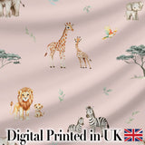 Cute Safari Animals Giraffe Lion Zebra on Soft Pink Background Seamless Pattern Digital Print Fabric by the Metre UK Sewing Quilting Textile