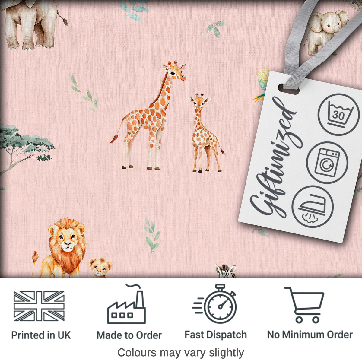 Cute Safari Animals Giraffe Lion Zebra on Soft Pink Background Seamless Pattern Digital Print Fabric by the Metre UK Sewing Quilting Textile