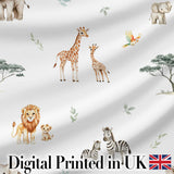 Safari Animals Giraffe Lion Zebra on Light Grey  Seamless Pattern Digital Print Fabric by the Metre UK Sewing Quilting Textile