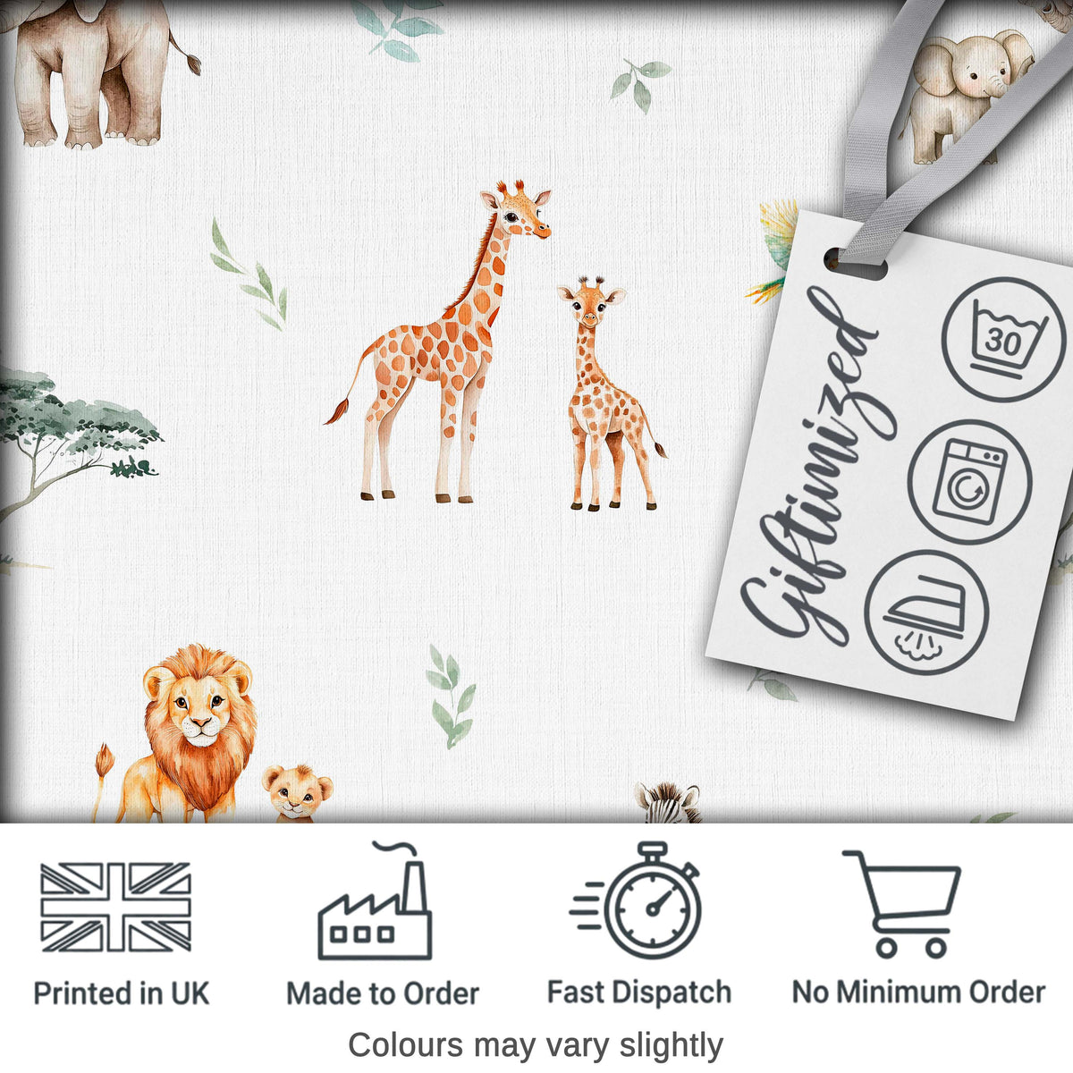 Safari Animals Giraffe Lion Zebra on Light Grey  Seamless Pattern Digital Print Fabric by the Metre UK Sewing Quilting Textile