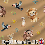 Jungle Animals Lion Meerkat Toucan Boar on Brown  Seamless Pattern Digital Print Fabric by the Metre UK Sewing Quilting Textile