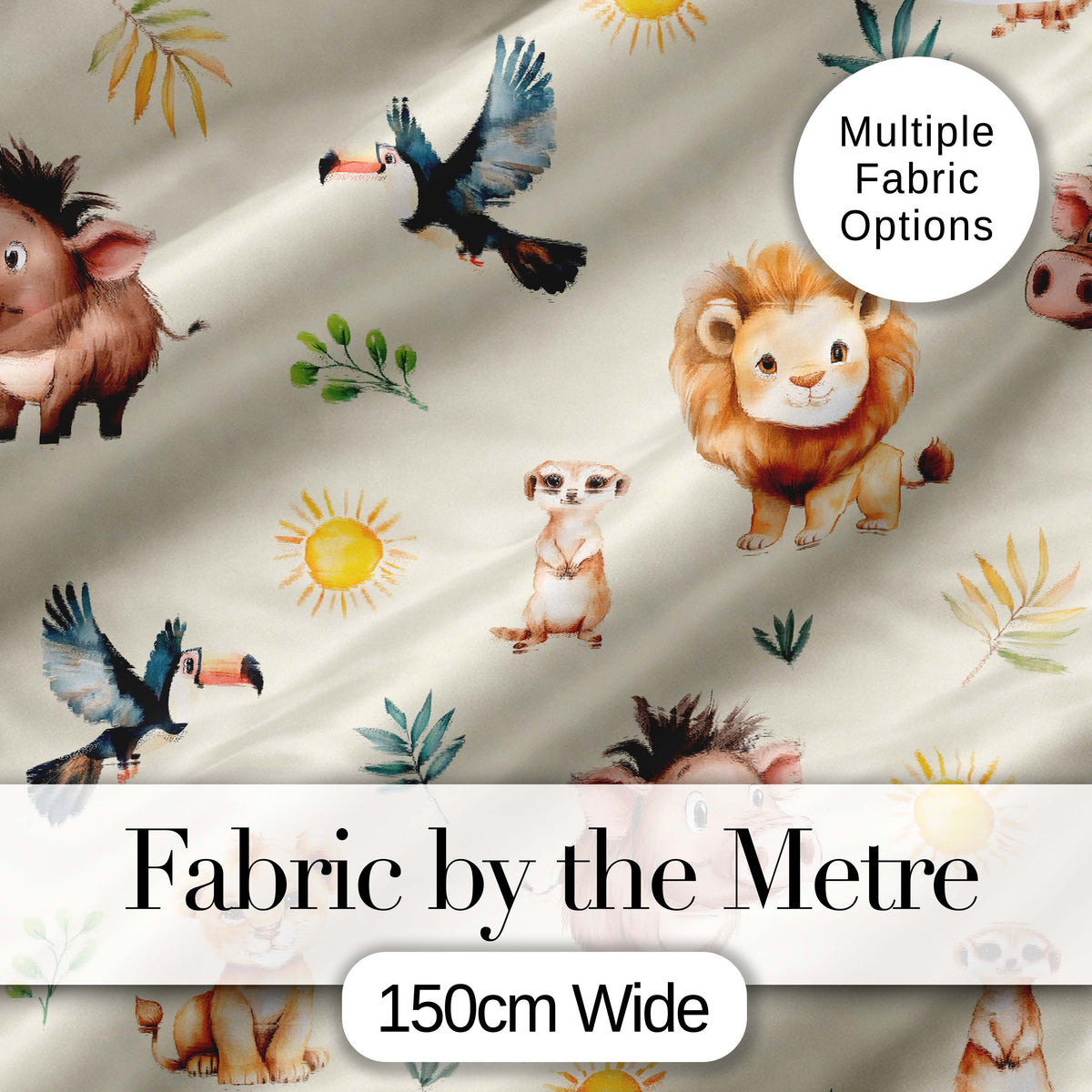 Jungle Animals Lion Meerkat Toucan Boar on Cream  Seamless Pattern Digital Print Fabric by the Metre UK Sewing Quilting Textile