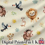 Jungle Animals Lion Meerkat Toucan Boar on Cream  Seamless Pattern Digital Print Fabric by the Metre UK Sewing Quilting Textile