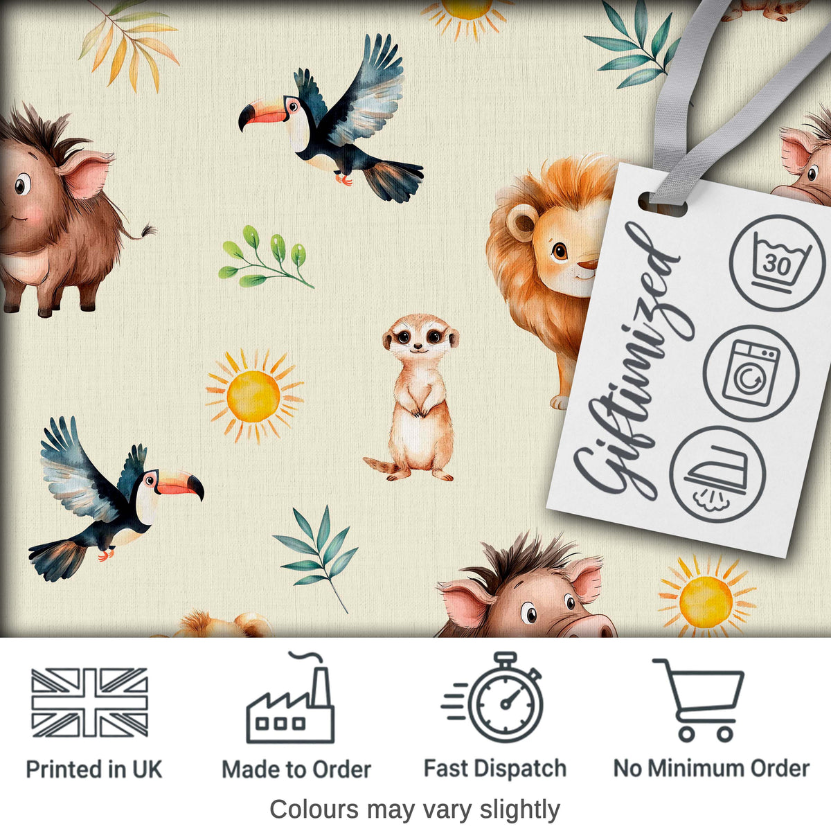 Jungle Animals Lion Meerkat Toucan Boar on Cream  Seamless Pattern Digital Print Fabric by the Metre UK Sewing Quilting Textile