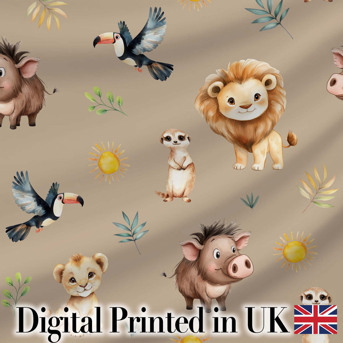 Jungle Animals Lion Meerkat Toucan Boar on Warm Beige  Seamless Pattern Digital Print Fabric by the Metre UK Sewing Quilting Textile