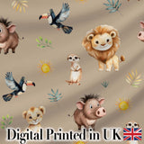Jungle Animals Lion Meerkat Toucan Boar on Warm Beige  Seamless Pattern Digital Print Fabric by the Metre UK Sewing Quilting Textile