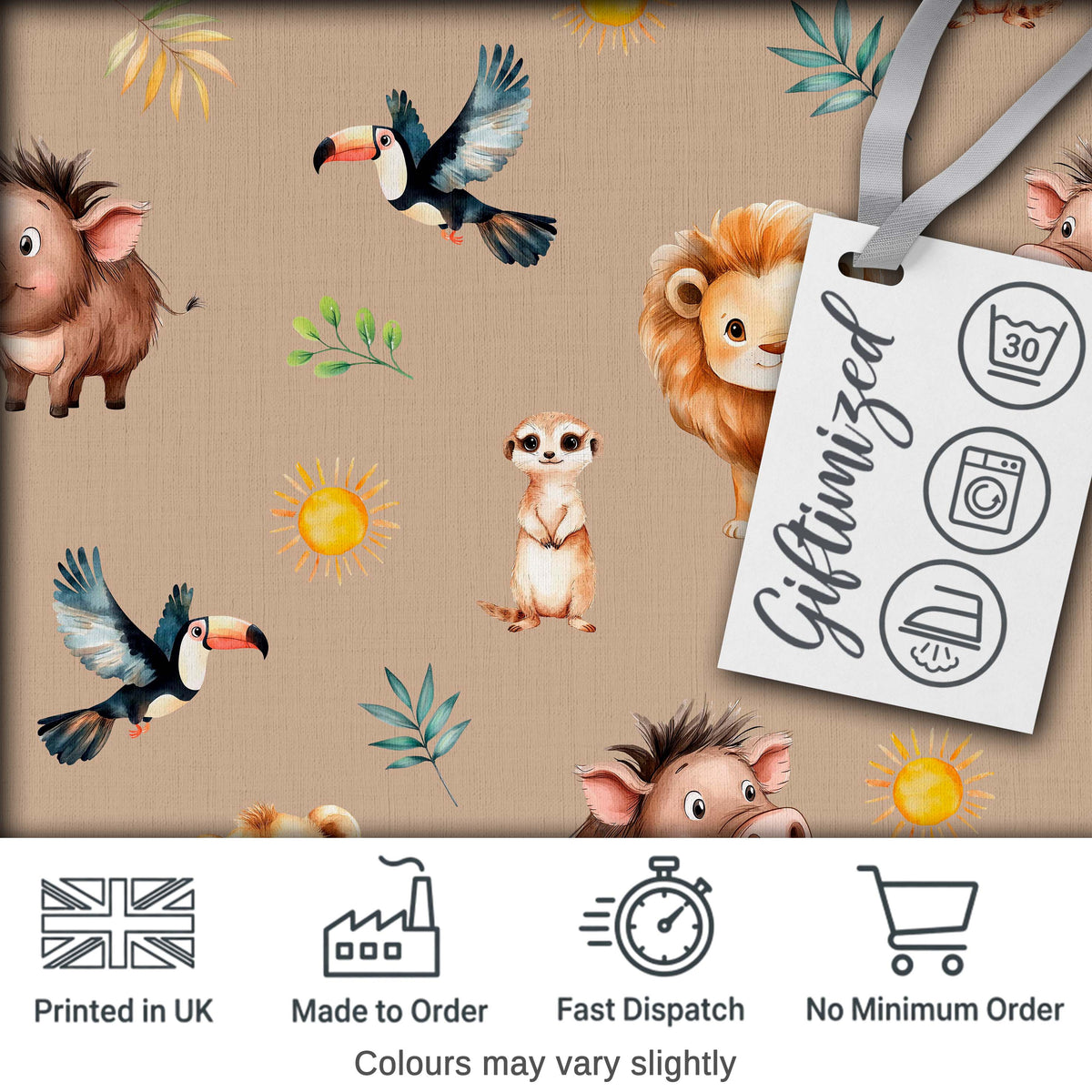 Jungle Animals Lion Meerkat Toucan Boar on Warm Beige  Seamless Pattern Digital Print Fabric by the Metre UK Sewing Quilting Textile