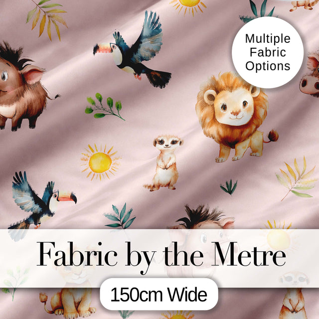 Jungle Animals Lion Meerkat Toucan Boar on Blush Pink  Seamless Pattern Digital Print Fabric by the Metre UK Sewing Quilting Textile