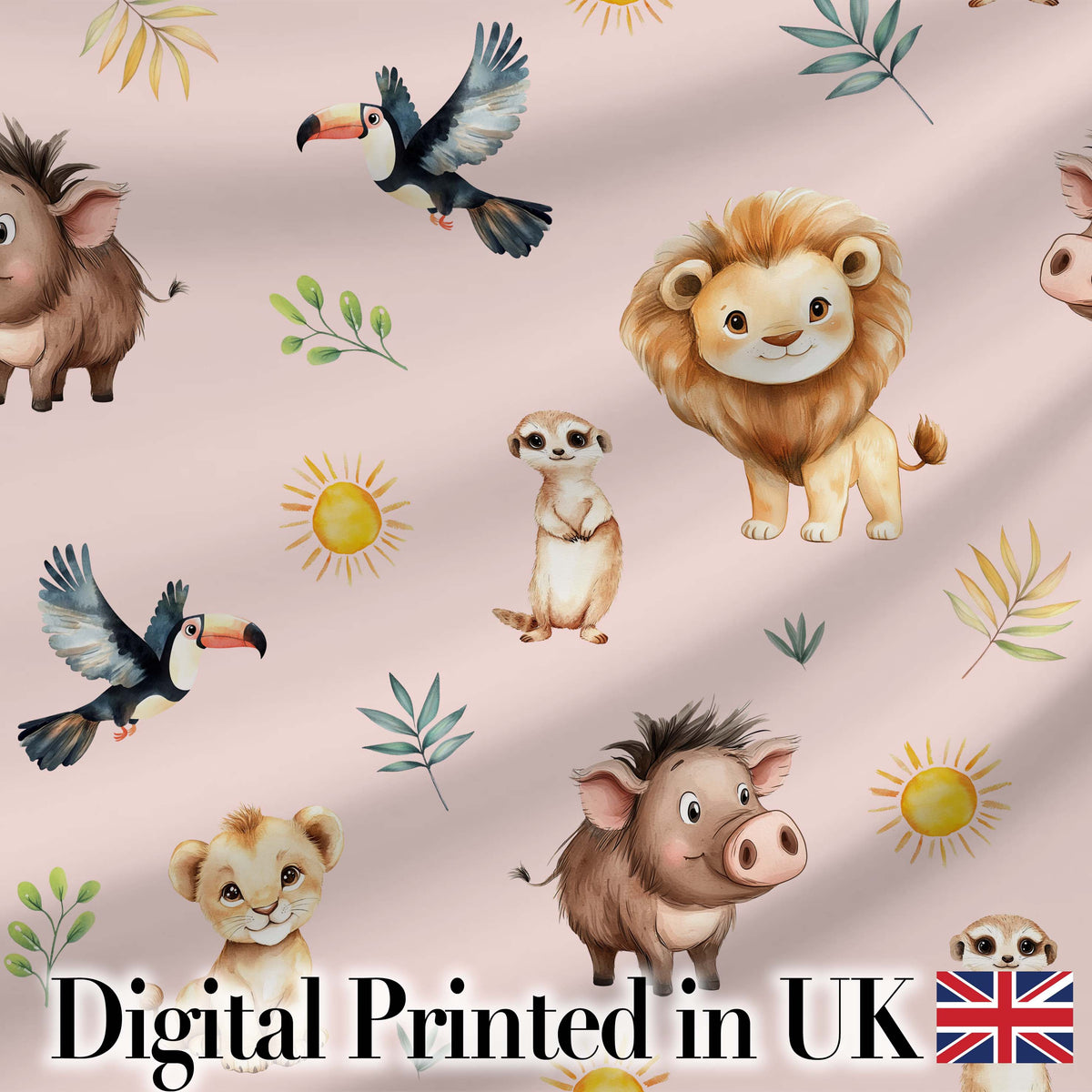 Jungle Animals Lion Meerkat Toucan Boar on Blush Pink  Seamless Pattern Digital Print Fabric by the Metre UK Sewing Quilting Textile