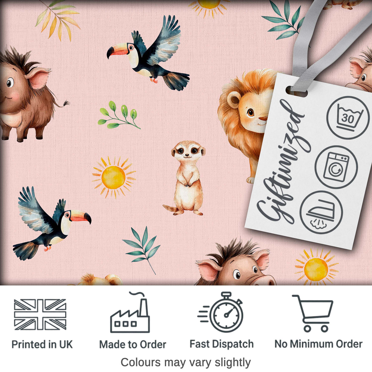 Jungle Animals Lion Meerkat Toucan Boar on Blush Pink  Seamless Pattern Digital Print Fabric by the Metre UK Sewing Quilting Textile