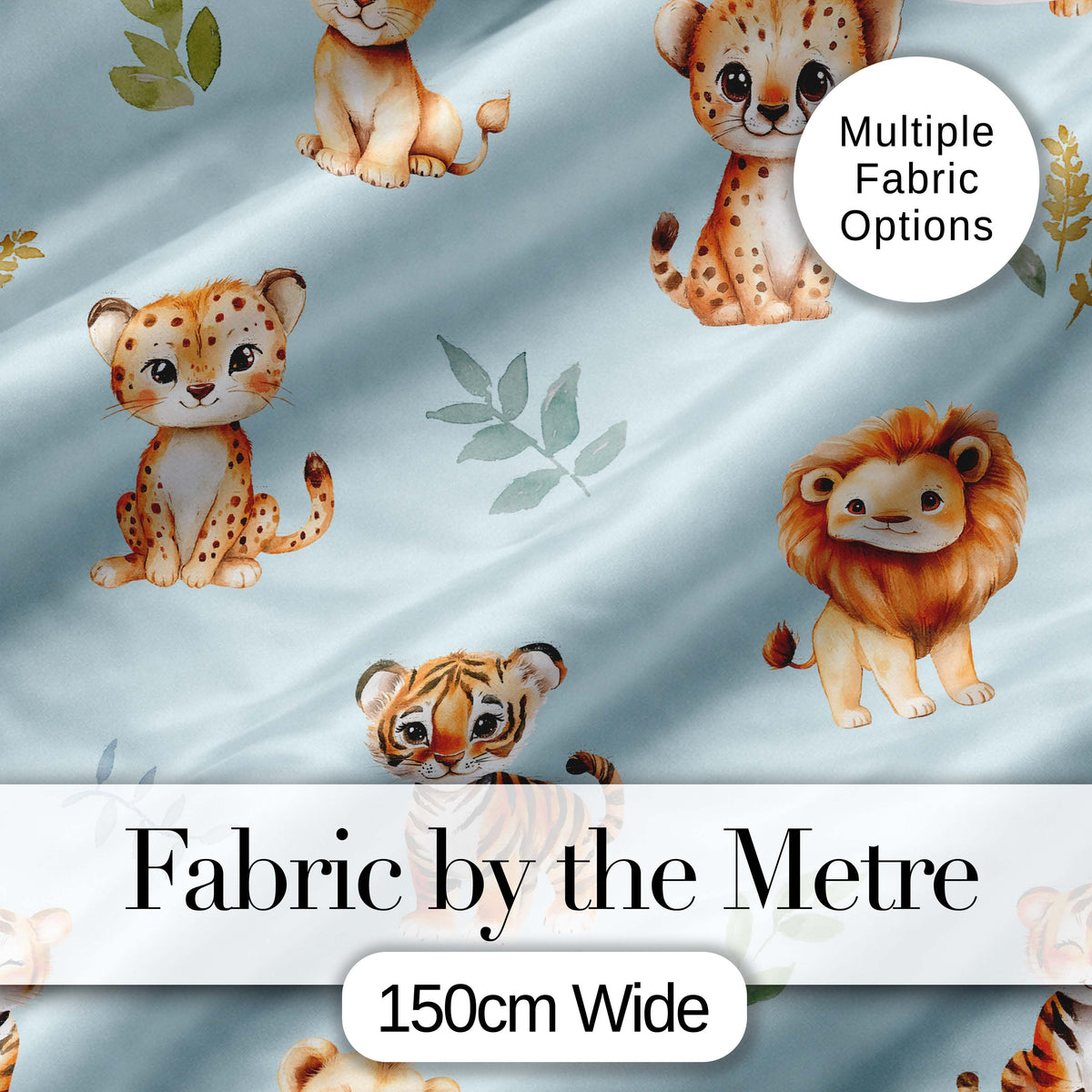 Baby Safari Animals Leopard Tiger Lion on Pastel Blue  Seamless Pattern Digital Print Fabric by the Metre UK Sewing Quilting Textile