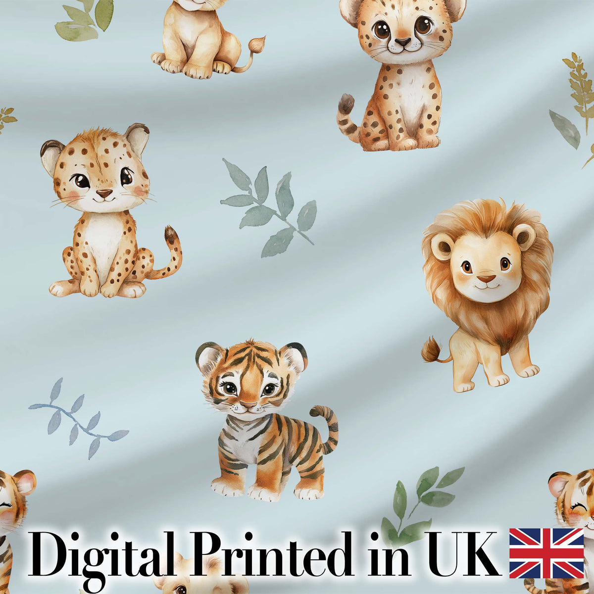 Baby Safari Animals Leopard Tiger Lion on Pastel Blue  Seamless Pattern Digital Print Fabric by the Metre UK Sewing Quilting Textile