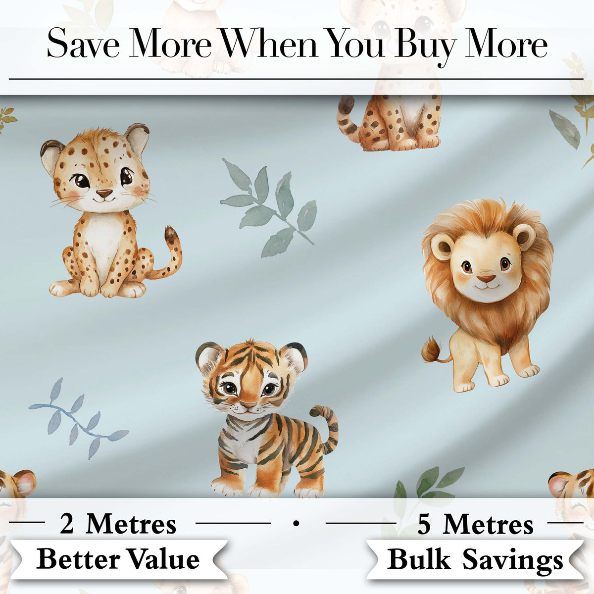 Baby Safari Animals Leopard Tiger Lion on Pastel Blue  Seamless Pattern Digital Print Fabric by the Metre UK Sewing Quilting Textile