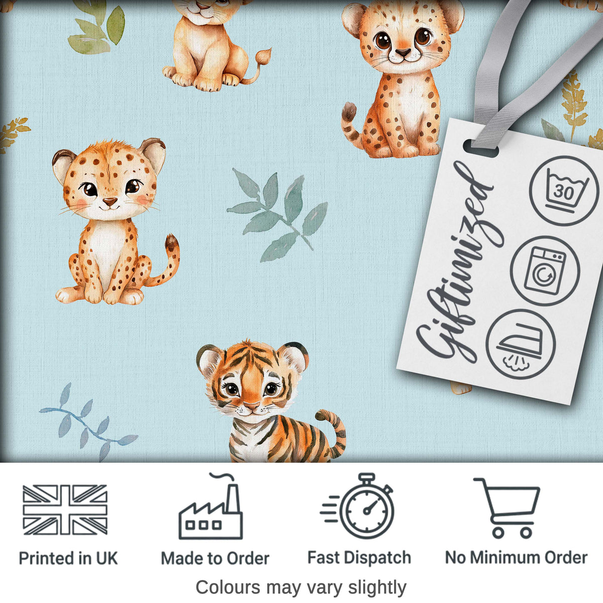 Baby Safari Animals Leopard Tiger Lion on Pastel Blue  Seamless Pattern Digital Print Fabric by the Metre UK Sewing Quilting Textile