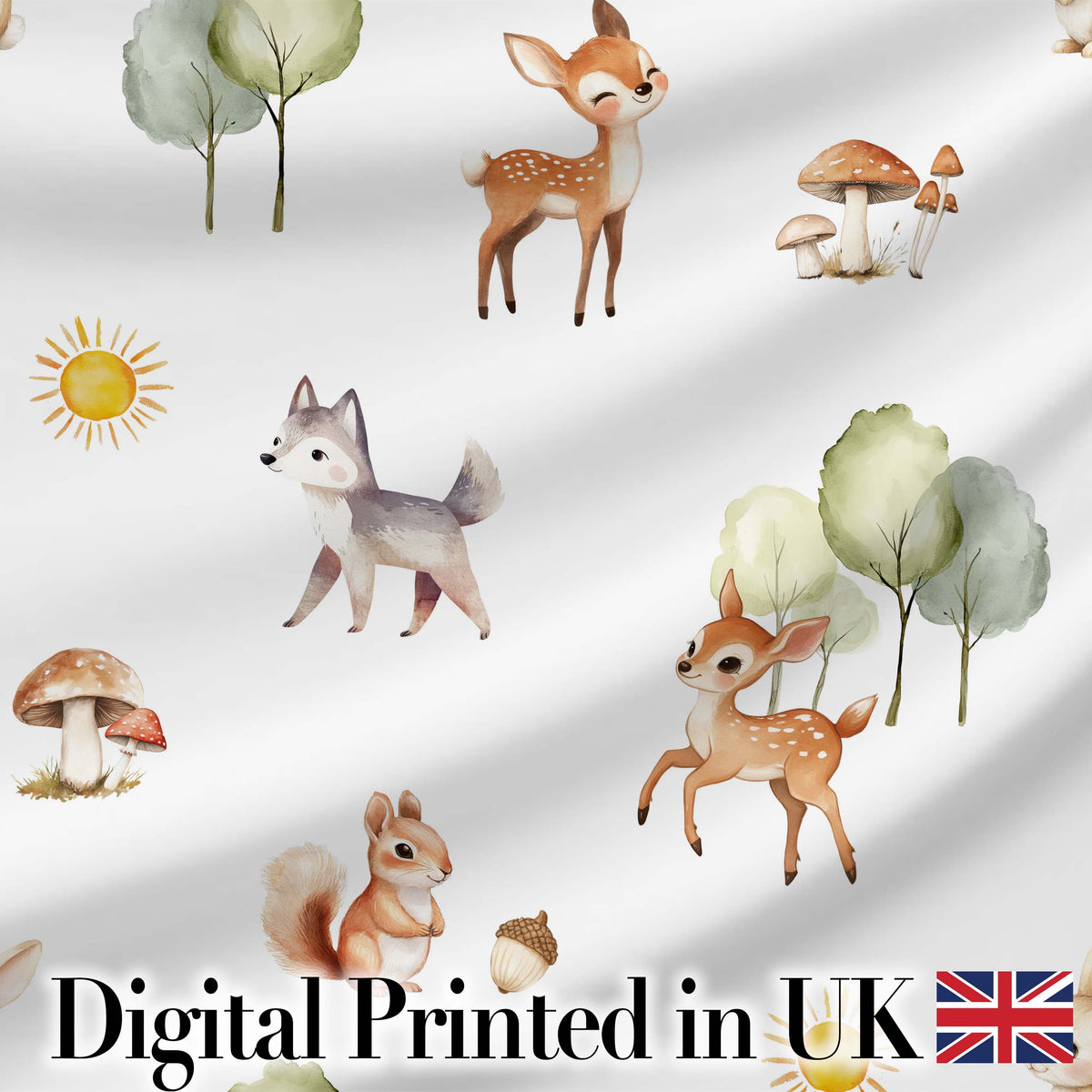 Woodland Animals Deer Fox Squirrel Mushrooms on Soft Grey  Seamless Pattern Digital Print Fabric by the Metre UK Sewing Quilting Textile