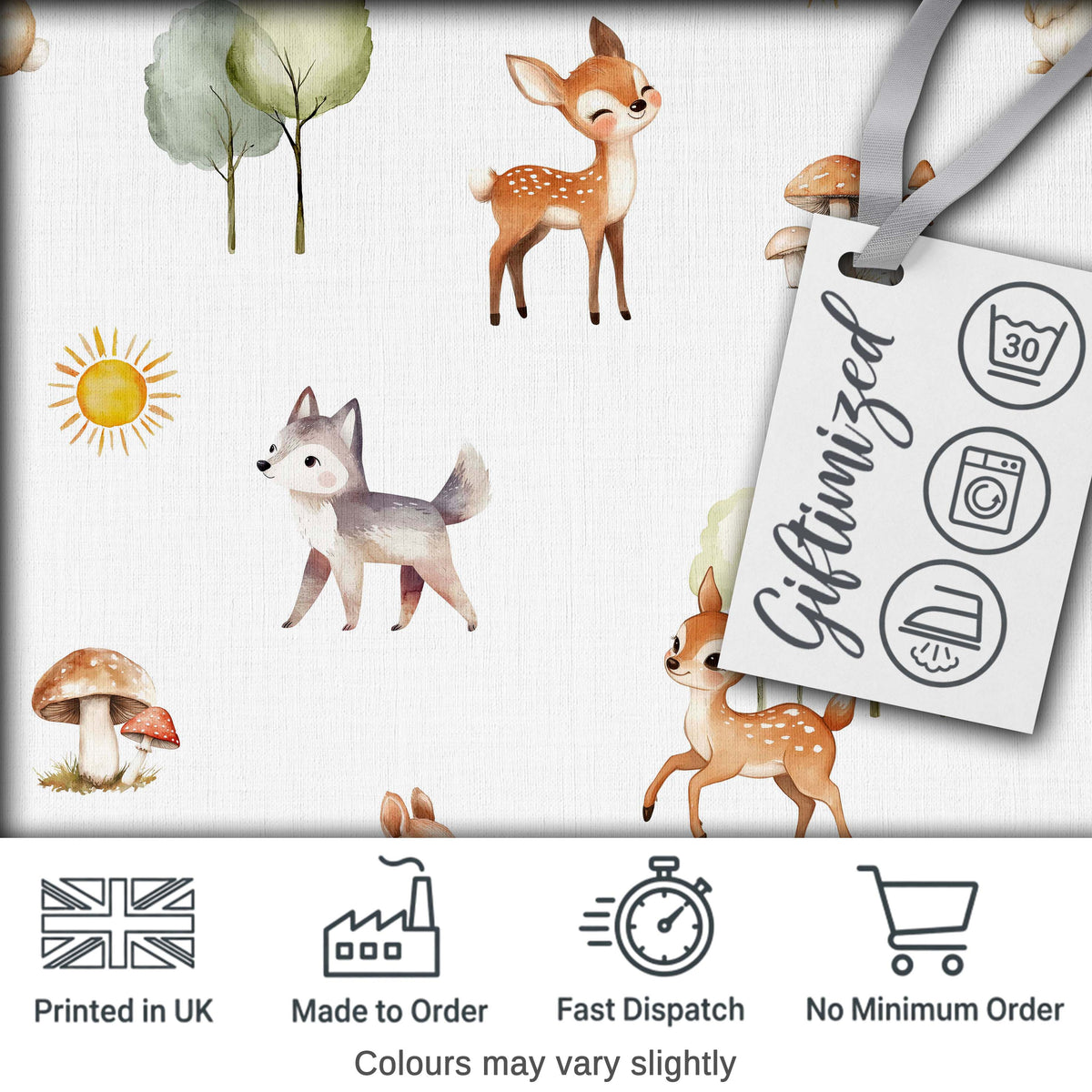 Woodland Animals Deer Fox Squirrel Mushrooms on Soft Grey  Seamless Pattern Digital Print Fabric by the Metre UK Sewing Quilting Textile