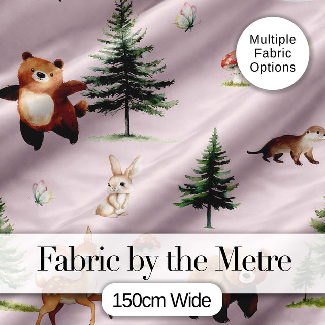 Forest Animals Bear Bunny Squirrel Trees on Warm Pink  Seamless Pattern Digital Print Fabric by the Metre UK Sewing Quilting Textile