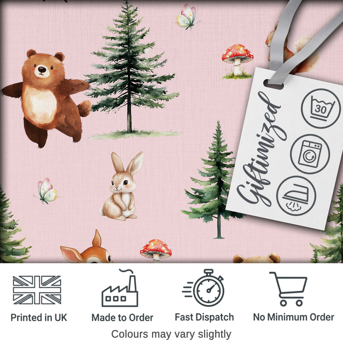 Forest Animals Bear Bunny Squirrel Trees on Warm Pink  Seamless Pattern Digital Print Fabric by the Metre UK Sewing Quilting Textile