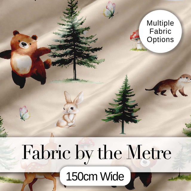 Forest Animals Bear Bunny Squirrel Trees on Warm Beige  Seamless Pattern Digital Print Fabric by the Metre UK Sewing Quilting Textile