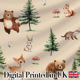 Forest Animals Bear Bunny Squirrel Trees on Warm Beige  Seamless Pattern Digital Print Fabric by the Metre UK Sewing Quilting Textile