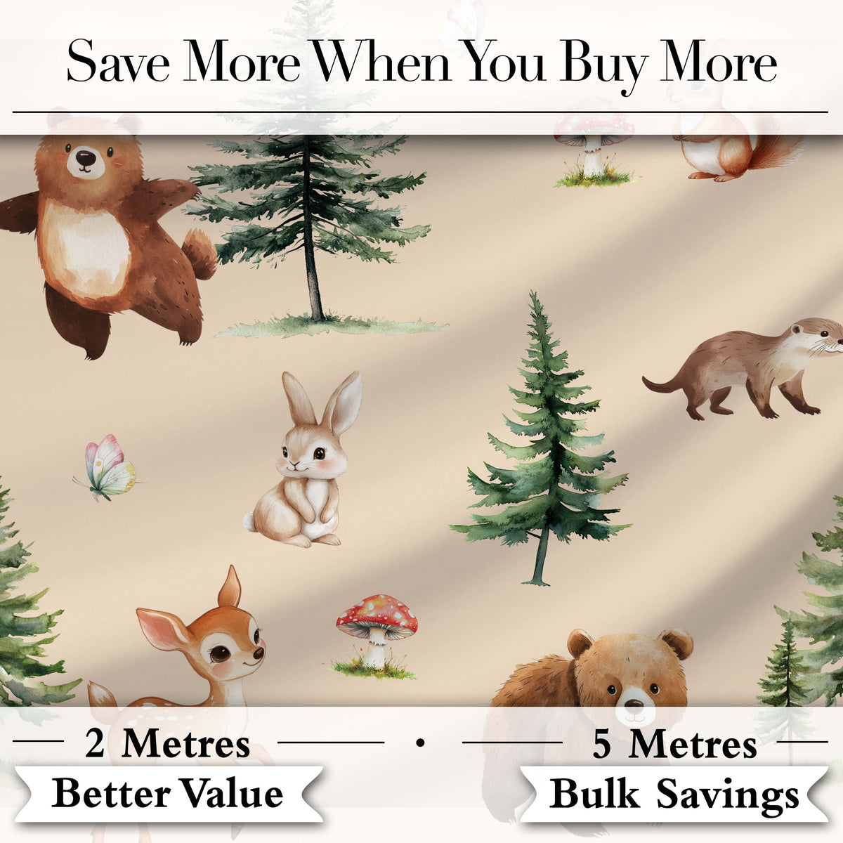 Forest Animals Bear Bunny Squirrel Trees on Warm Beige  Seamless Pattern Digital Print Fabric by the Metre UK Sewing Quilting Textile