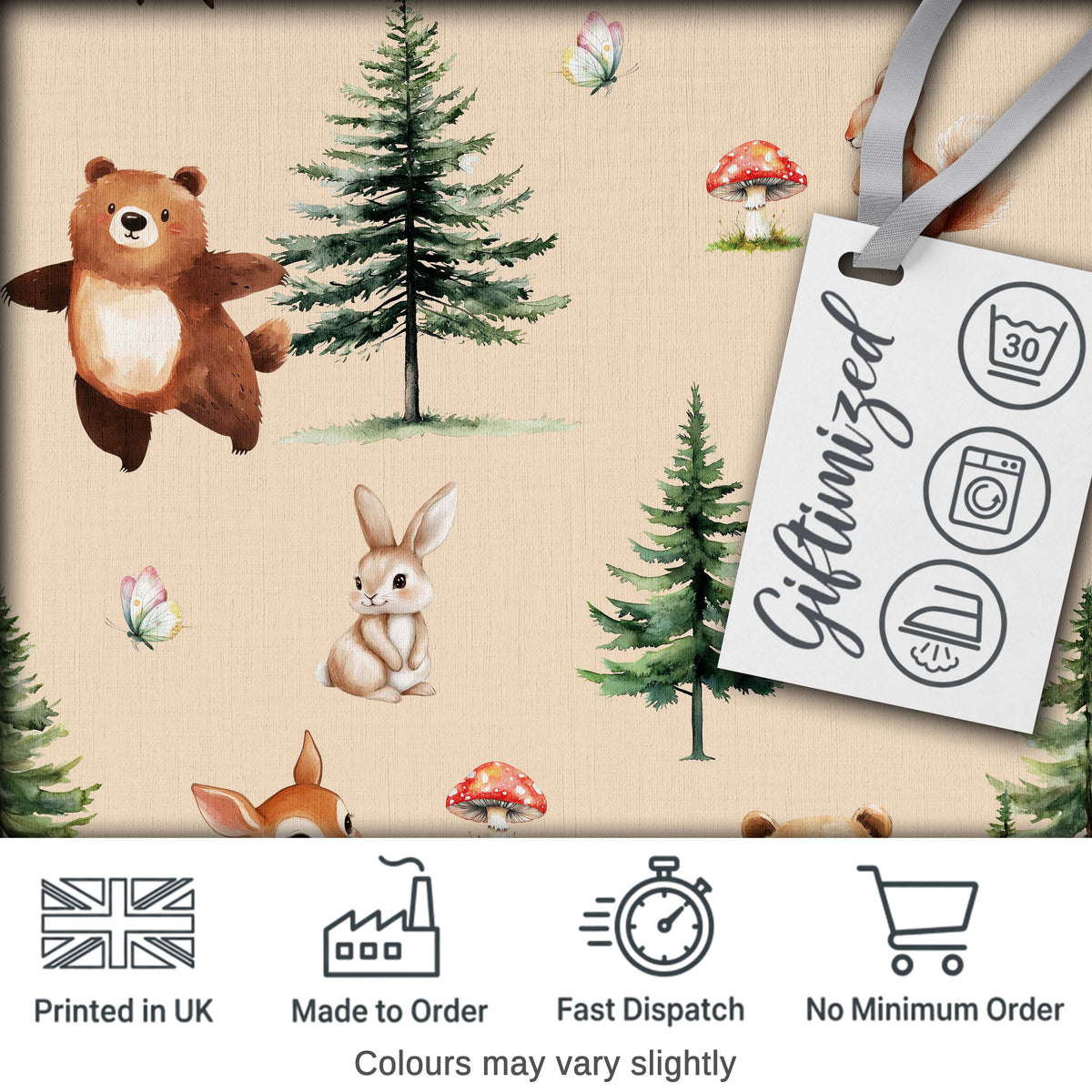 Forest Animals Bear Bunny Squirrel Trees on Warm Beige  Seamless Pattern Digital Print Fabric by the Metre UK Sewing Quilting Textile