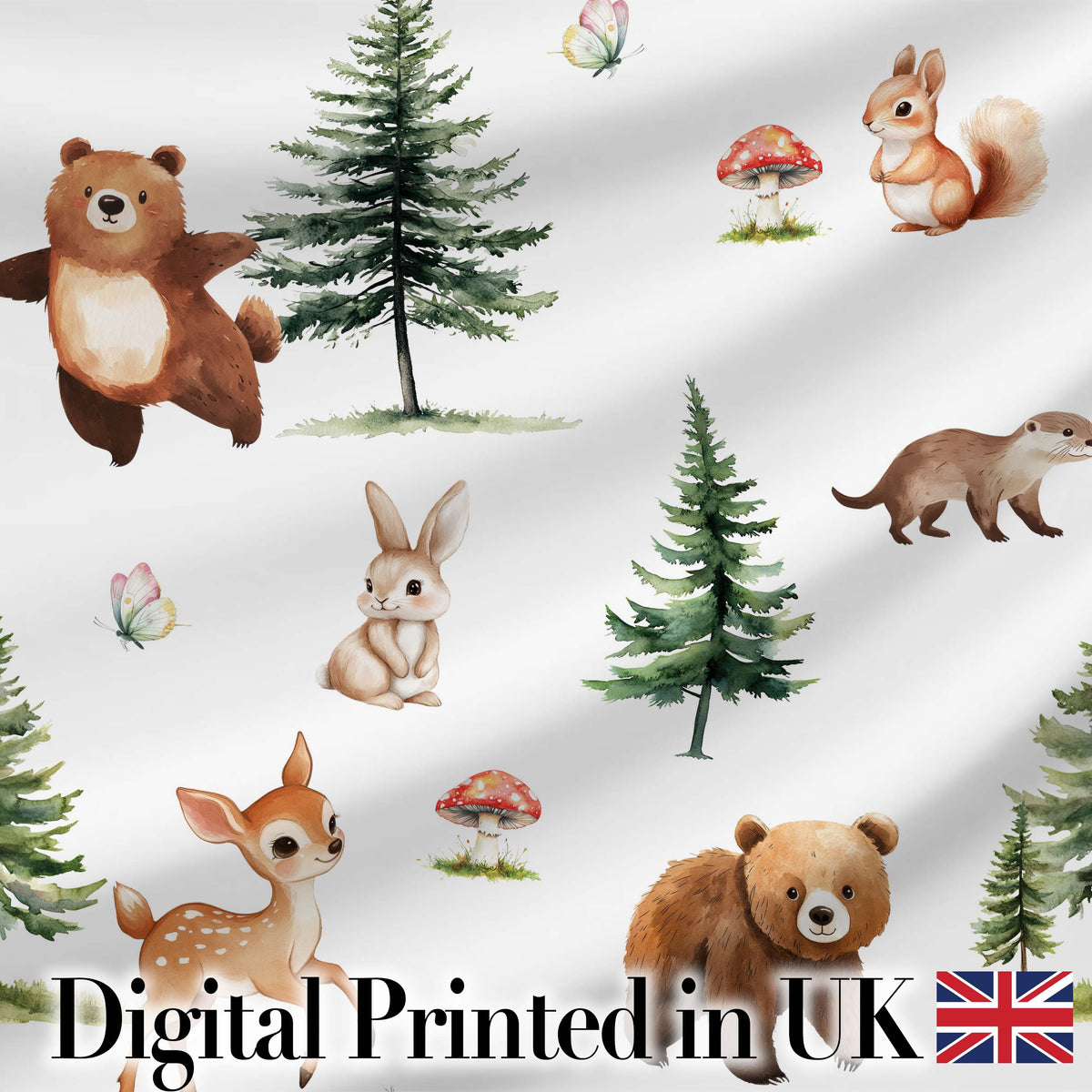 Forest Animals Bear Deer Fox Owl Raccoon on Soft Grey  Seamless Pattern Digital Print Fabric by the Metre UK Sewing Quilting Textile