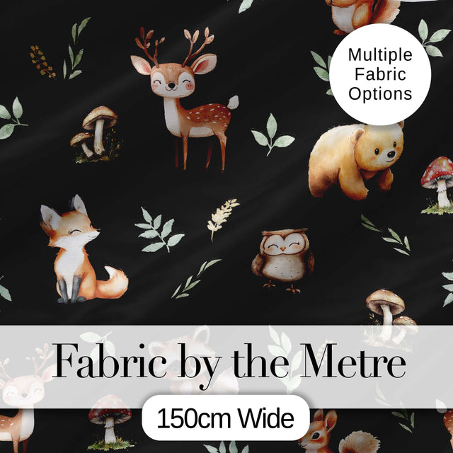 Forest Animals Bear Deer Fox Owl Raccoon on Deep Black  Seamless Pattern Digital Print Fabric by the Metre UK Sewing Quilting Textile