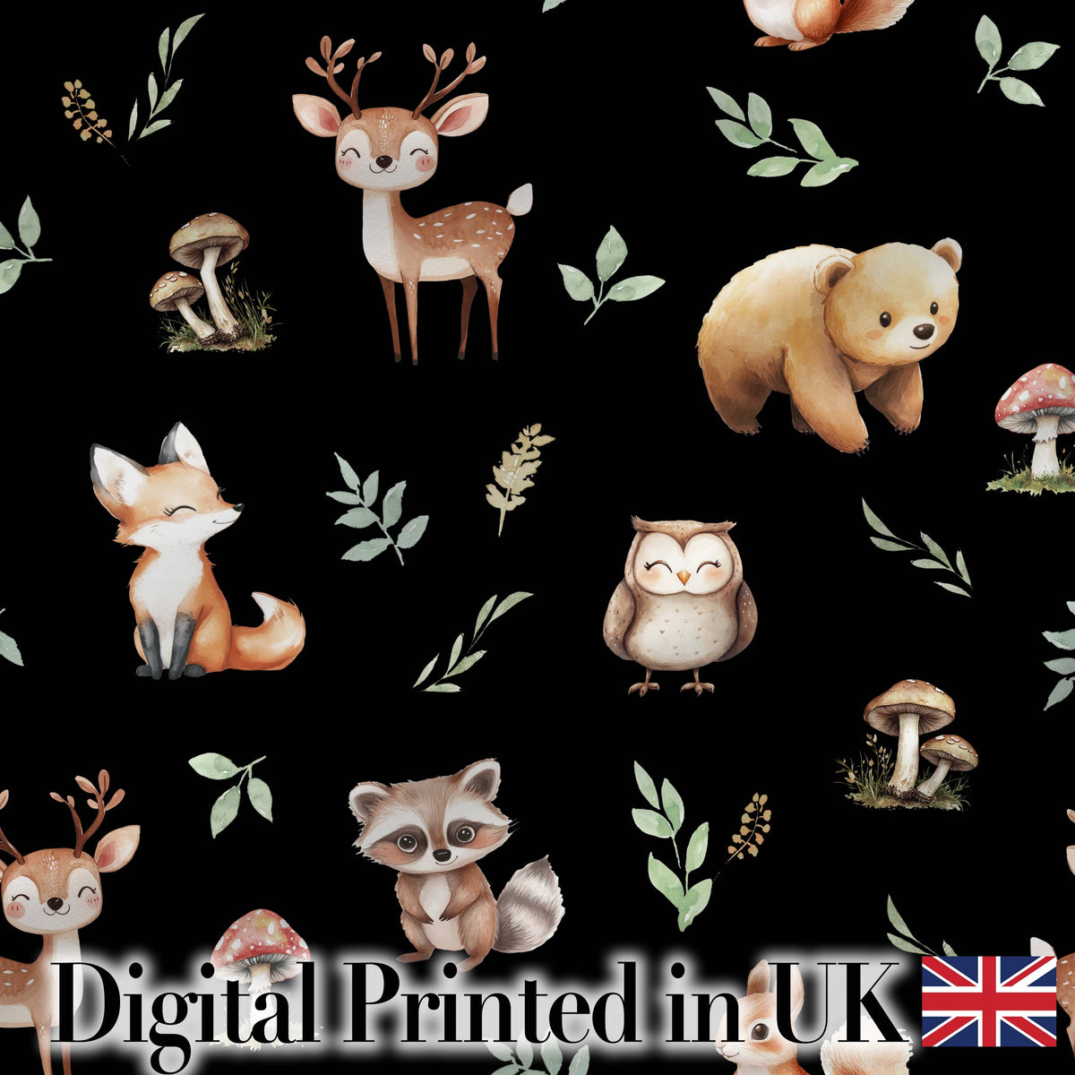 Forest Animals Bear Deer Fox Owl Raccoon on Deep Black  Seamless Pattern Digital Print Fabric by the Metre UK Sewing Quilting Textile