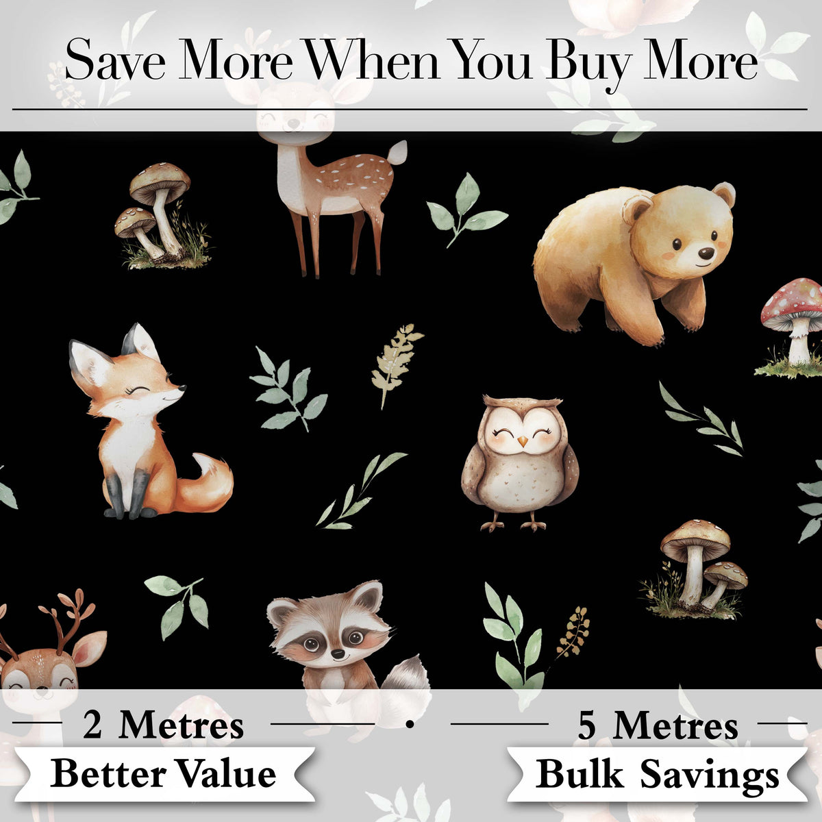 Forest Animals Bear Deer Fox Owl Raccoon on Deep Black  Seamless Pattern Digital Print Fabric by the Metre UK Sewing Quilting Textile