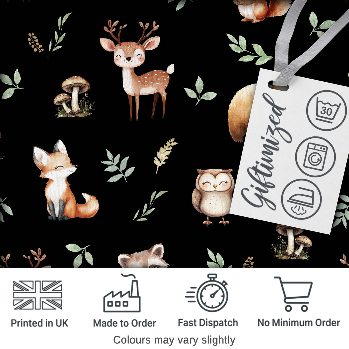 Forest Animals Bear Deer Fox Owl Raccoon on Deep Black  Seamless Pattern Digital Print Fabric by the Metre UK Sewing Quilting Textile