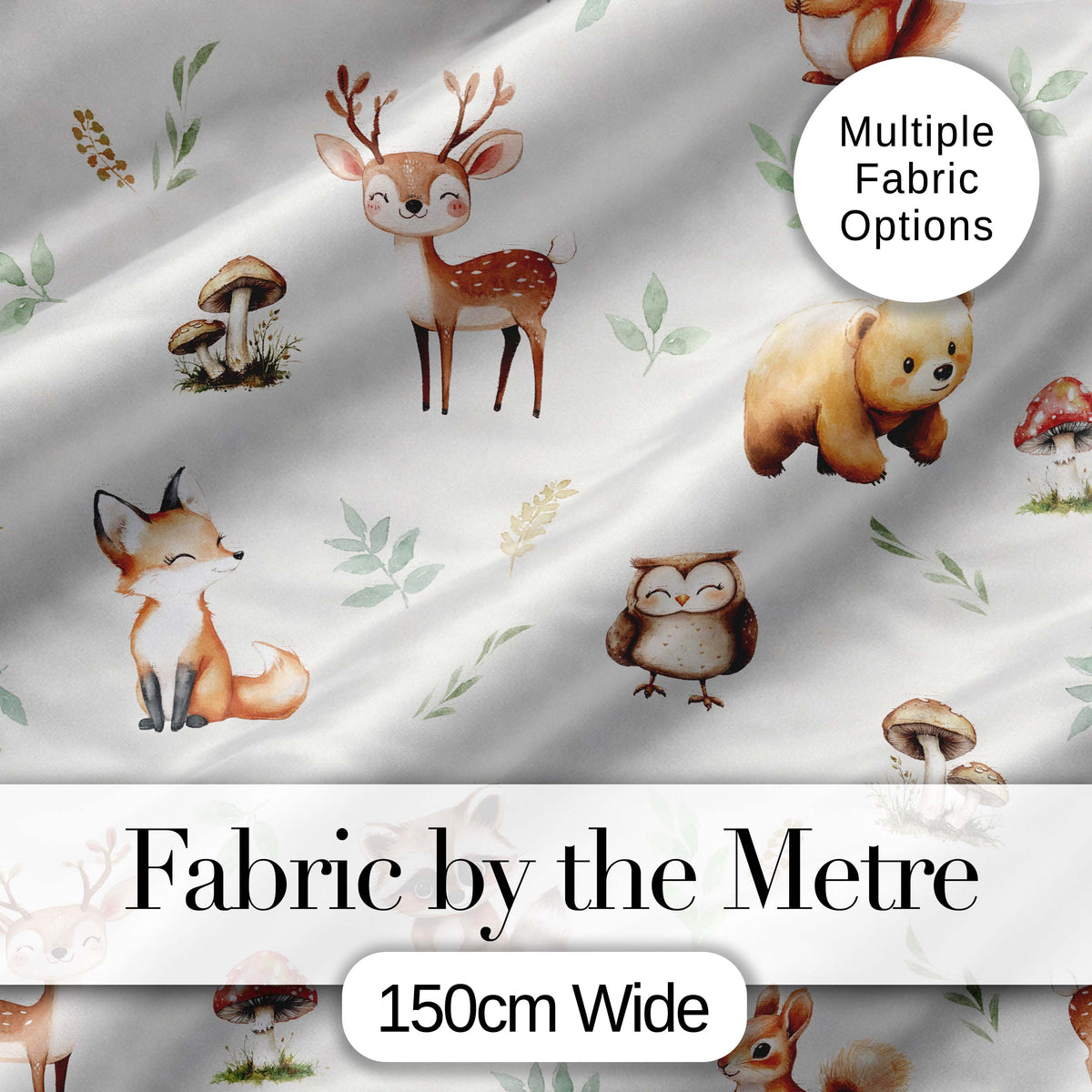 Forest Animals Bear Deer Fox Owl Raccoon on Light Grey  Seamless Pattern Digital Print Fabric by the Metre UK Sewing Quilting Textile