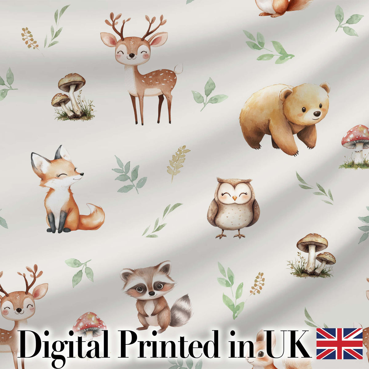 Forest Animals Bear Deer Fox Owl Raccoon on Light Grey  Seamless Pattern Digital Print Fabric by the Metre UK Sewing Quilting Textile