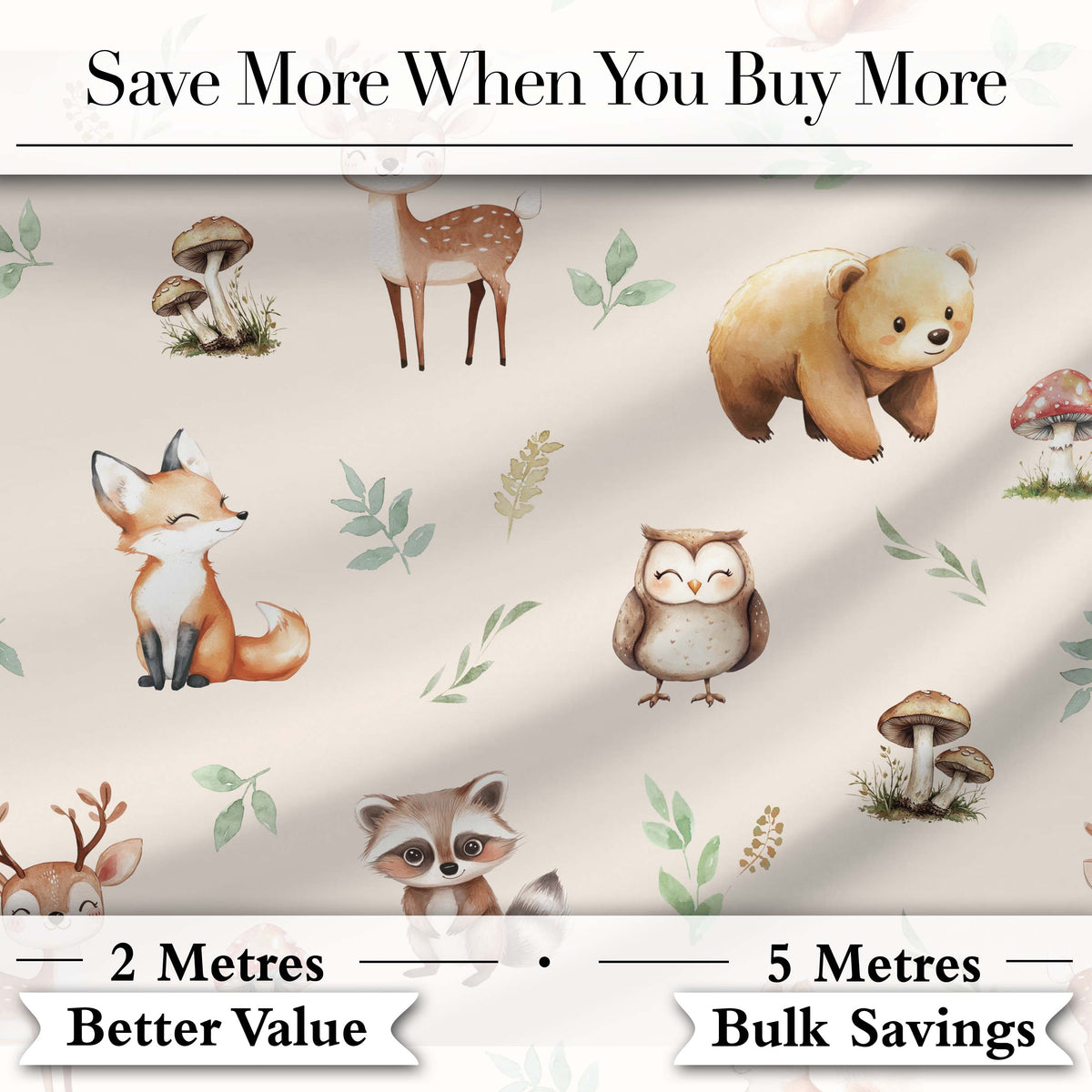 Forest Animals Bear Deer Fox Owl Raccoon on Neutral Cream  Seamless Pattern Digital Print Fabric by the Metre UK Sewing Quilting Textile
