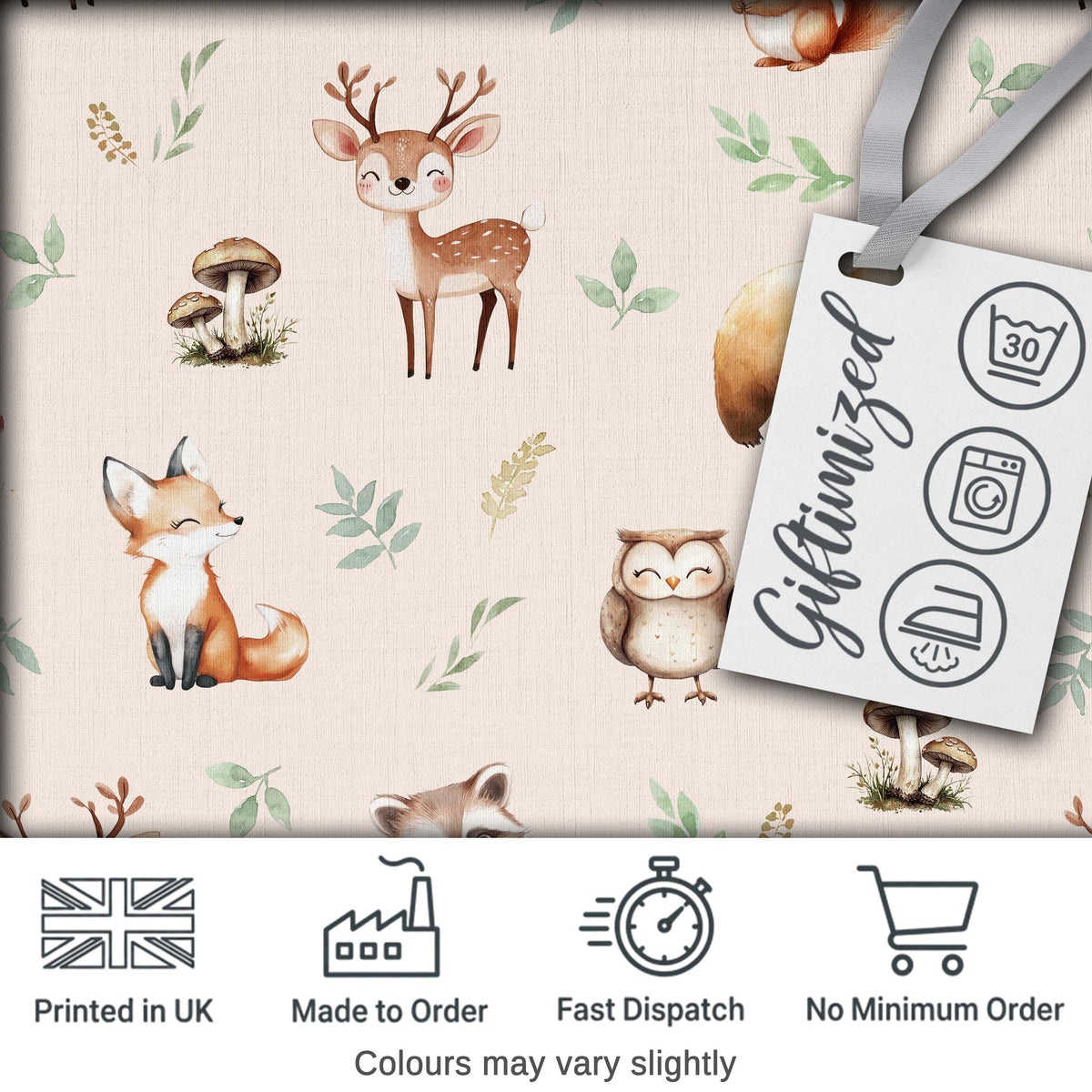 Forest Animals Bear Deer Fox Owl Raccoon on Neutral Cream  Seamless Pattern Digital Print Fabric by the Metre UK Sewing Quilting Textile