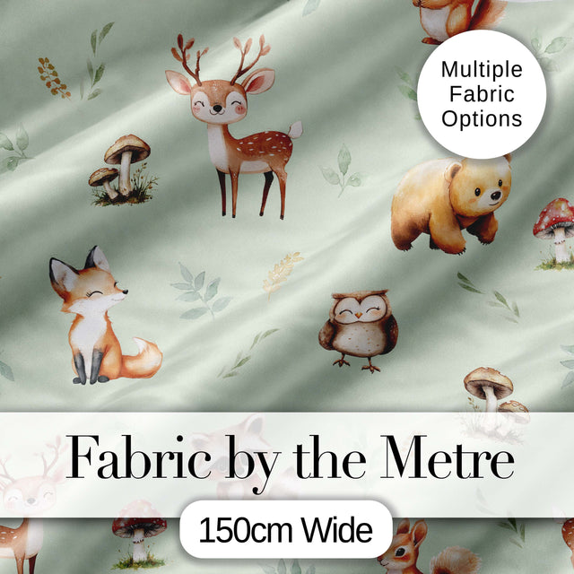 Forest Animals Bear Deer Fox Owl Raccoon on Sage Green  Seamless Pattern Digital Print Fabric by the Metre UK Sewing Quilting Textile