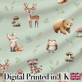 Forest Animals Bear Deer Fox Owl Raccoon on Sage Green  Seamless Pattern Digital Print Fabric by the Metre UK Sewing Quilting Textile