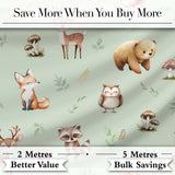 Forest Animals Bear Deer Fox Owl Raccoon on Sage Green  Seamless Pattern Digital Print Fabric by the Metre UK Sewing Quilting Textile