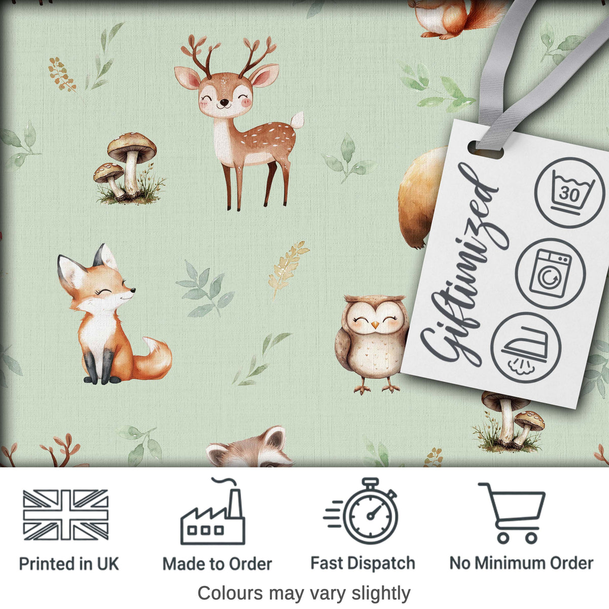 Forest Animals Bear Deer Fox Owl Raccoon on Sage Green  Seamless Pattern Digital Print Fabric by the Metre UK Sewing Quilting Textile