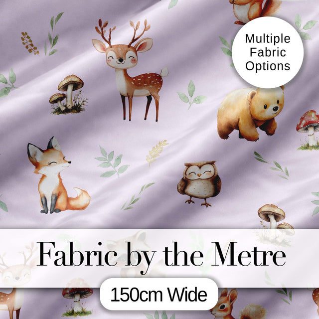 Forest Animals Deer Bear Fox Owl Raccoon on Soft Lavender  Seamless Pattern Digital Print Fabric by the Metre UK Sewing Quilting Textile