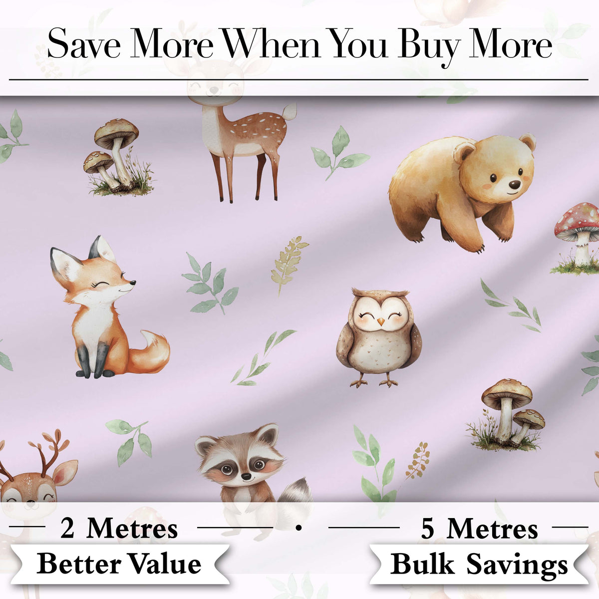Forest Animals Deer Bear Fox Owl Raccoon on Soft Lavender  Seamless Pattern Digital Print Fabric by the Metre UK Sewing Quilting Textile