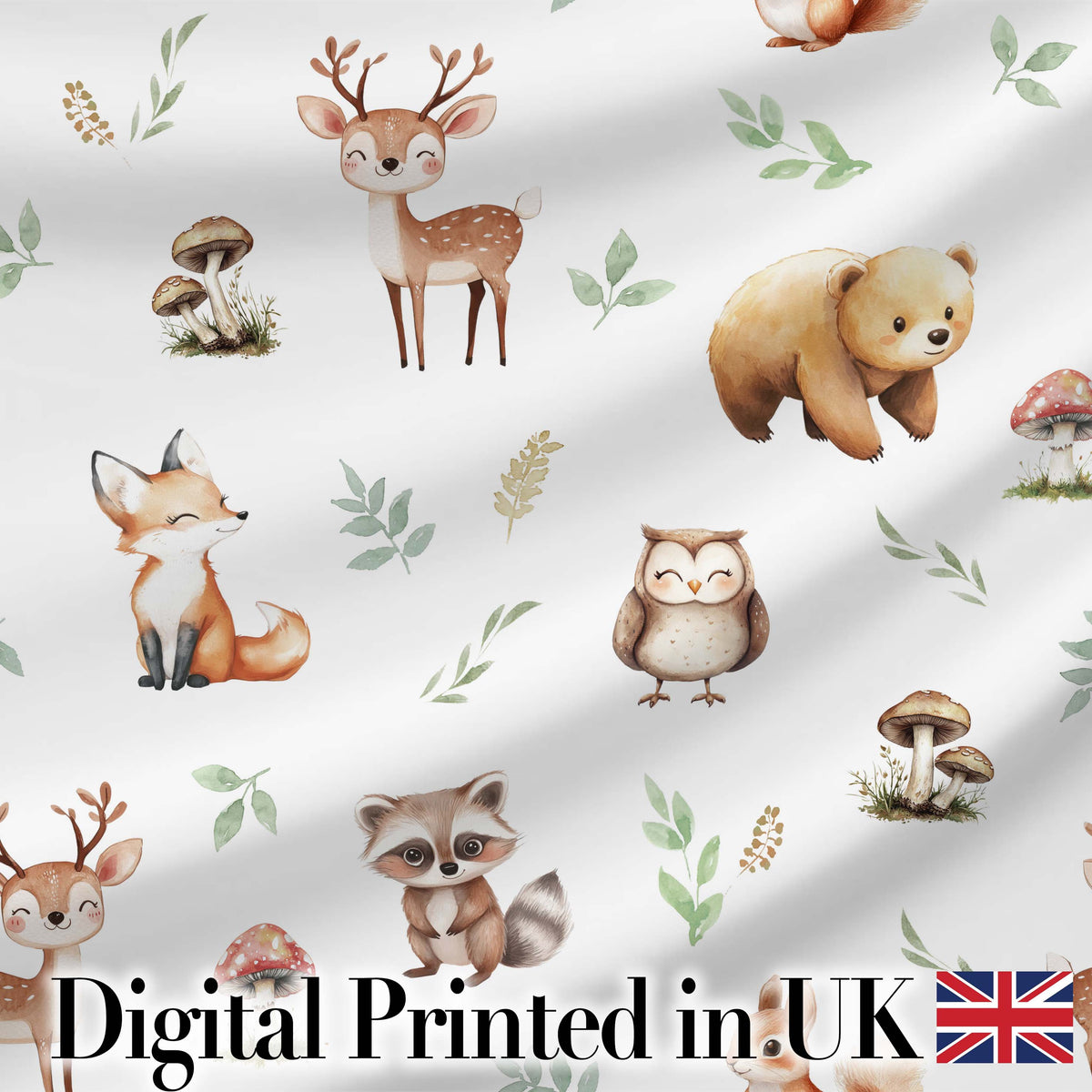 Forest Animals Deer Bear Fox Owl Raccoon on Light Grey  Seamless Pattern Digital Print Fabric by the Metre UK Sewing Quilting Textile