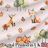 Woodland Fox with Trees Leaves Mushrooms Soft Blush  Seamless Pattern Digital Print Fabric by the Metre UK Sewing Quilting Textile