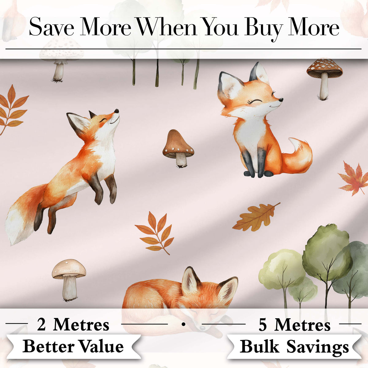 Woodland Fox with Trees Leaves Mushrooms Soft Blush  Seamless Pattern Digital Print Fabric by the Metre UK Sewing Quilting Textile
