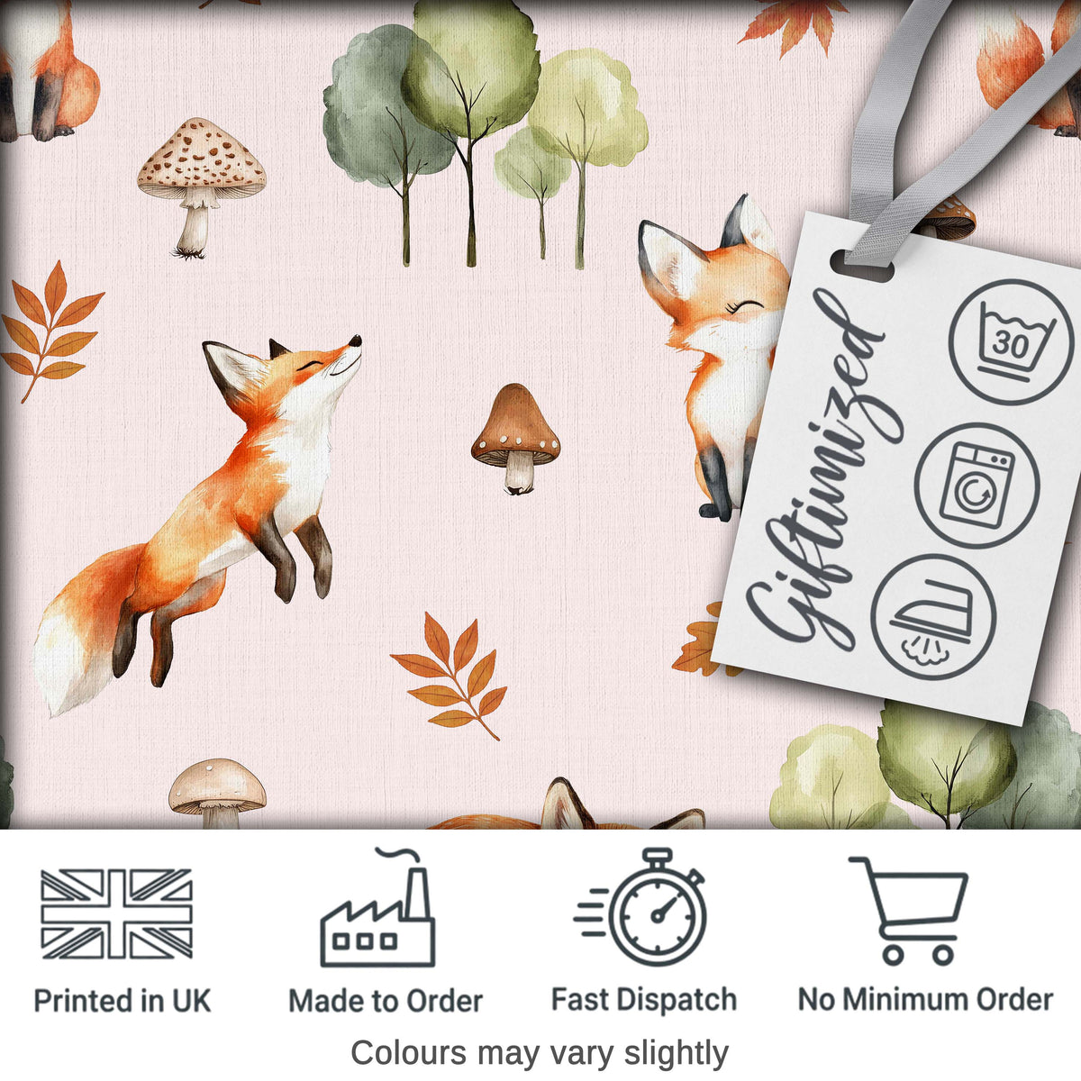 Woodland Fox with Trees Leaves Mushrooms Soft Blush  Seamless Pattern Digital Print Fabric by the Metre UK Sewing Quilting Textile
